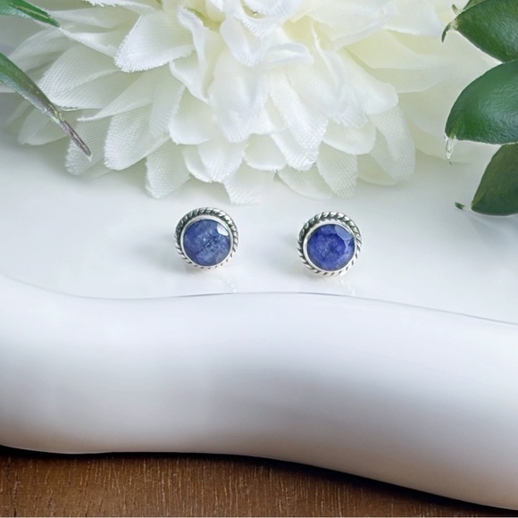 Blue Sapphire Earrings Solid Sterling Silver 925 Stud Post Push Back Southwest - Picture 3 of 6